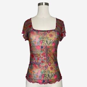 Natural Life NWT Devon Mesh Short Sleeve Top floral patchwork sheer stretchy M